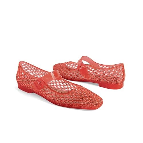 DOEYG Jelly Mary Ballet Flats for Women Jelly Sandals Shoes Women Beach Jellies Mary Jane Flats Ballerina Shoes, Jelly Red, 6.5 — view 3