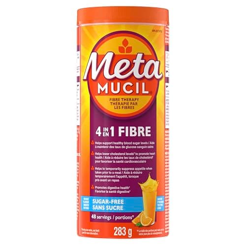 Metamucil, 4 in 1 Psyllium Husk Fibre Powder Supplement for Digestive Health, Orange Flavored, Sugar-Free, Smooth Powder, 48 Servings, 283g