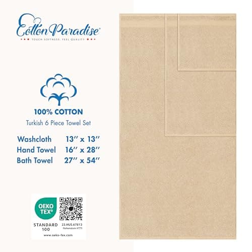 Cotton Paradise 100% Cotton Turkish Towel Set, Soft Absorbent Quick Dry, 6 Piece Towel Set, Beige — view 3