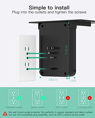 Wall Outlet Extender - Surge Protector 6 AC Outlets Multi Plug Outlet with Shelf, 2 USB and USB C Charging Ports Wall Plug Expander, USB Wall Charger Outlet Splitter for Home (Black) — view 5