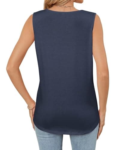 WELINCO Summer Tanks for Women Loose Fit Pleated Crew Neck Sleeveless Tops Curved Hem Flowy Navy Large