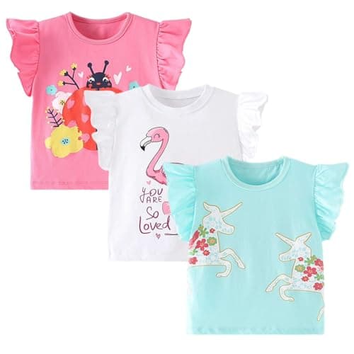 Winzik Girls Shirts Toddler Girl Short Sleeve T Shirt Kids Unicorn Flamingo Tee Tops Summer Clothes 18M-7Y(3-4T, Ladybird Flamingo Unicorn)