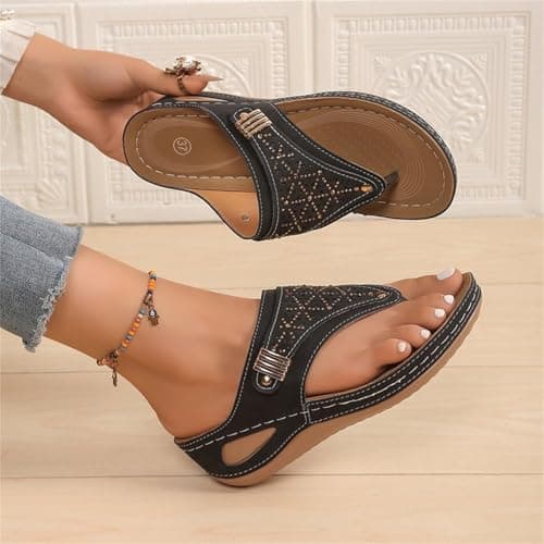 Orthopedic Sandals for Women 2026 Dressy Casual Ladies Spring Summer Cute Boho Comfy Arch Support Flats Flip Flops Seniors Comfortable Beach Vacation Outdoor Platform Wedge Sandals Shoes Black 8 — view 3