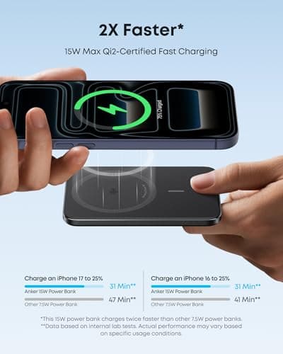 Anker Nano MagSafe Portable Charger, Ultra-Slim 5,000mAh Magnetic Wireless Power Bank, Qi2-Certified 15W Max, Compact for Travel, Ergonomic Design, for iPhone 17/16 Series, and More — view 3