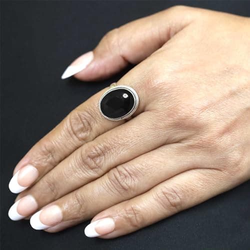JEWELOPORIUM Black Onyx Silver Ring Size 7, 925 Sterling Silver Ring for Women, Genuine Chunky Oval Gemstone Handmade Jewelry — view 2