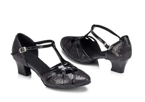 Minishion Women's T-Strap Dance Heels Glitter Salsa Ballroom Shoes Wedding Party Pumps, L2040 Black 5cm Heel, 9.5 — view 4