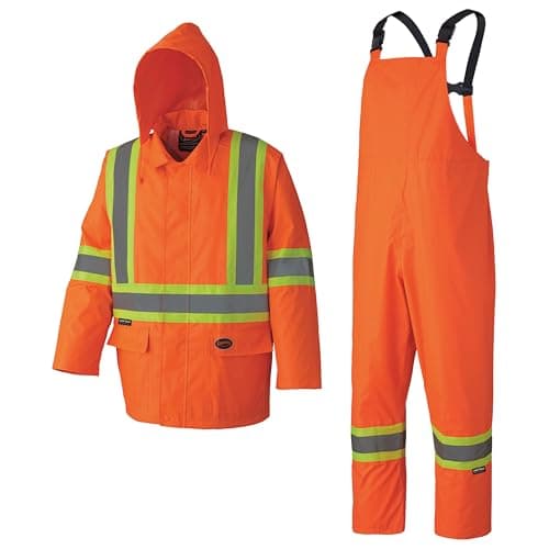 Pioneer Hi Vis Waterproof Heavy Duty Rainsuit - Hooded Rain Jacket and Bib Pants - 210D Oxford Poly/PVC - Orange