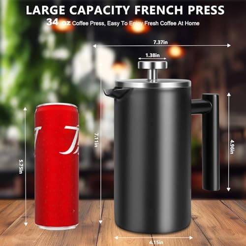 SZHETEFU 34 OZ Large French Press, Premium Stainless Steel Sturdy Insulated French Press Coffee Maker, 4-8 Cups French Coffee Press, Tea Presses for Home Kitchen Caming Loose Tea, Elegant Black — view 2