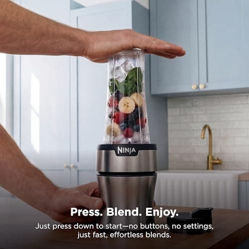 Ninja Nutri-Plus Personal Blender | Compact Push to Blend | Make Frozen Drinks, Smoothies, Sauces & More | With (3) 20 oz. To-Go Cups, (2) Spout-Lids & (1) Storage-Lid | 900 Peak Watt | Silver | BN301 — view 2