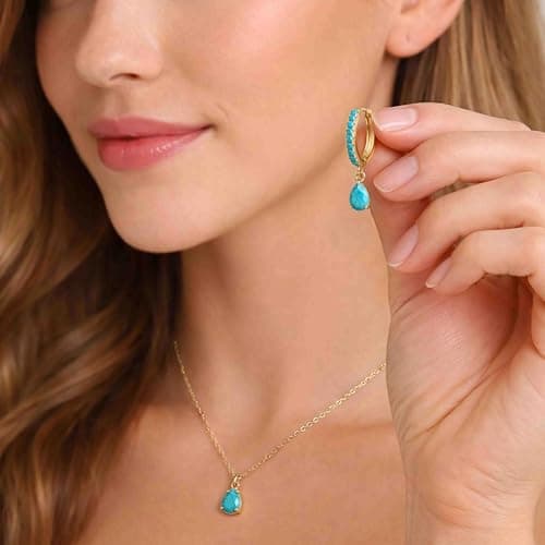 GoldGifts Turquoise Earrings - Western Beachy Boho Jewelry Gift, Hypoallergenic 14K Gold Plated Small Huggie Hoop Set for Women, Dainty Lightweight Trendy Stack Dangle Studs for Cartilage Helix — view 5