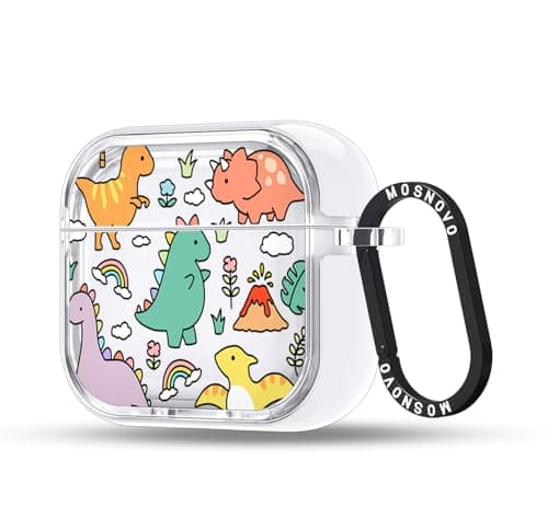 MOSNOVO for Airpods 4 Case, Protective Clear Case with Shockproof Dual Layer Hard Luxe Metal Ring Designed for Airpods 4 Generation - Dinosaur Land