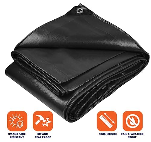 Tarpco Safety Extra Heavy Duty 14 Mil Tarp Cover, Waterproof, UV Resistant, Rip and Tear Proof, Poly Tarpaulin with Reinforced Edges for Roof, Camping, Patio, Pool, Boat (Black 20′ X 35′)
