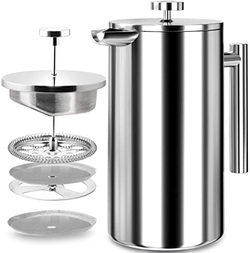 KICHLY - 17 Oz French Press, Stainless Steel Double Walled Insulated Coffee Press with Refined Filters, Espresso and Tea Maker - Silver