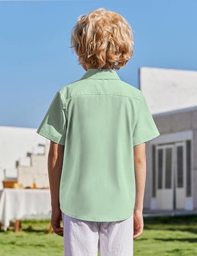 Arshiner Boys Button Down Shirt Short Sleeve Knit Shirt Summer Vintage Fashion Casual Beach Shirts for Kids 4-12 Years Light Green — view 2