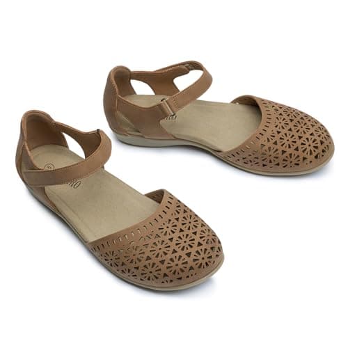 Rihero Women's Comfortable Closed Toe Flat Sandals Tan Hollow Size 9 — view 4