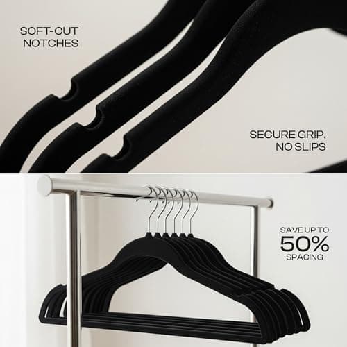 Utopia Home Velvet Hangers 50 Pack, Heavy Duty, Non-Slip, Space Saving Felt Clothes Hangers with 360° Hook & Notches (Black) — view 3