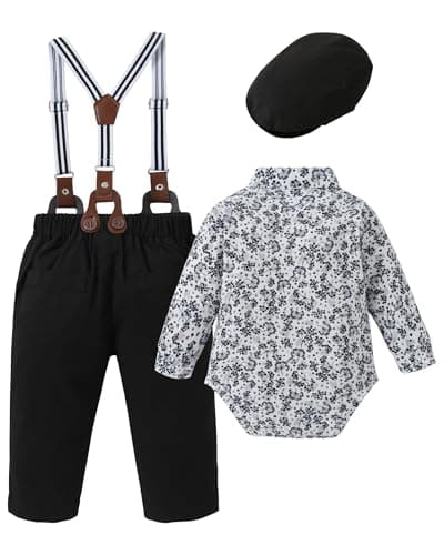 SOLOYEE Baby Boy Clothes Suits 18-24 Months Baby Boys Formal Wedding Outfits Long Sleeve Dress Shirt + Suspender Pants + Bowtie + Beret Gentleman Clothing Set (Black, 18-24 Months) — view 5