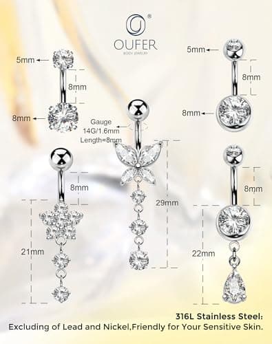 OUFER 5PCS Silver Belly Button Rings Dangle– 14G Surgical Steel Belly Button Piercing, Hypoallergenic Belly Rings with CZ Butterfly Flower Teardrop Barbell for Beach Festival Gym — view 3