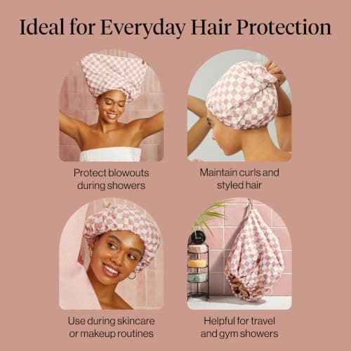 Kitsch Luxury Satin-Lined Flexi Shower Caps for Women Reusable Waterproof - Large Wide Shower Cap for Women & Men, Adjustable, Stylish Hair Cap for Showers, For Long & Short Hair - Terracotta Checker — view 5