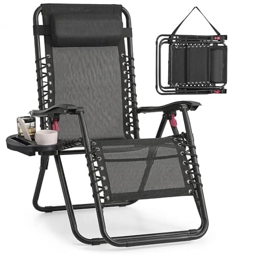 SONGMICS Zero Gravity Chairs, Folding Sun Loungers with Tray, Adjustable Headrest, for Patio, Garden, Max. Load 110 kg, Black UGLB030BZ02