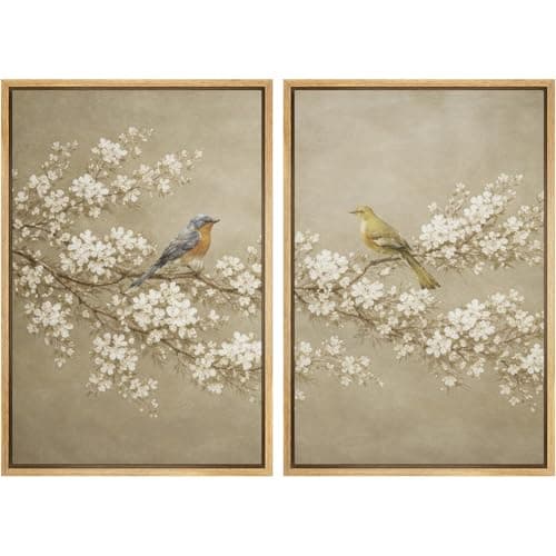 SIGNWIN Framed Canvas Print Wall Art Set Spring Birds on Blossoming Branches in Neutral Tones Illustration Modern Art Minimalism Decorative for Living Room, Bedroom, Office - 16"x24"x2 Natural