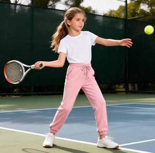 SOIBEEN Girls Sweatpants Elastic Drawstring Sports Jogging Trousers for Kids Casual Pants Solid Color Joggers with Pockets 7-8 Years