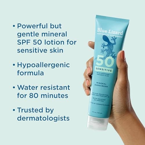 Blue Lizard Sensitive Mineral SPF 50 Sunscreen Lotion, 100% Mineral Sunscreen, UVA/UVB Protection, Infused with organic Aloe Vera, Soothes and Hydrates, 5 fl oz