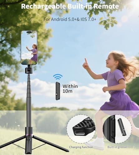 TONEOF 68" Magnetic Selfie Stick Tripod with Aluminum Strong Magnetic Holder for Magsafe, 360° Rotatable Travel Phone Tripod Stand with Metal Ring & Rechargeable Remote for iPhone/Android（Black） — view 2
