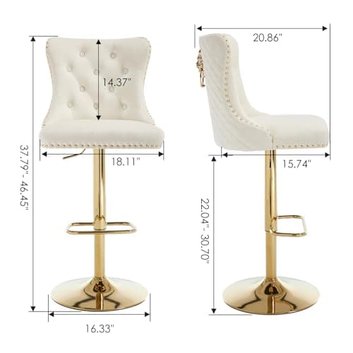 Chummaven Bar Stools Set of 2 Velvet Swivel Kitchen Counter Chairs with Tufted High Back Modern Upholstered Gold Barstools with Lion Pull Ring/Golden Base for Dining Room/Home Bar/Kitchen, Cream