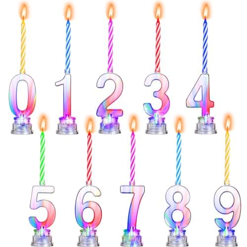Boao 50 Pcs Birthday Number Candle Set Includes 10 Pcs Multicolor LED Flashing Number Candles with Transparent Shell and 40 Pcs Wax Candles(Colored Candle Style)