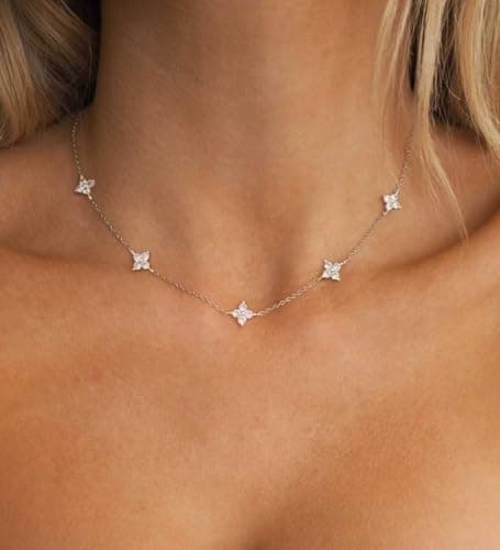 CUEZIY Dainty Silver Necklaces for Women Station Choker Cubic Zirconia Simulated Necklace Simple Cute Layering CZ Necklace Trendy Simple Jewelry Gifts — view 2