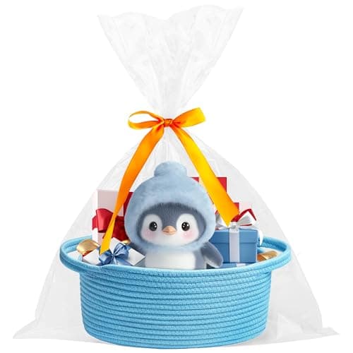 Pro Goleem Small Woven Basket with Gift Bags and Ribbons Durable Baskets for Gifts Empty Small Rope Basket for Storage 12"X 8" X 5" Baby Toy Basket with Handles, Blue — view 4