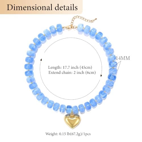 Wassazi Blue Chunky Beaded Necklace for Women, Colorful Acrylic Bead Statement Puff Heart Pendant Necklace, Cute Boho Y2K Choker Necklace for Gift Jewelry