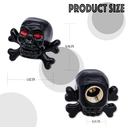 MEAJOO 4PCS Skull Style Tire Valve Stem Caps, Dustproof Wheel Valve Covers Accessories, with Rubber O-Ring, Universal for Cars, SUVs, Bike, Bicycles,Trucks and Motorcycles (Black)