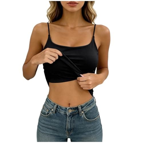 Tank Top with Built in Bra for Women Round Neck Casual Summer Workout Gym Running Cami Sleeveless Slim Fit Camisole Womens Tank TopBlack Free Size