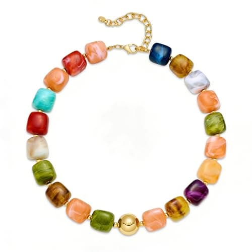 WOWORAMA Colorful Beaded Necklace for Women Trendy Colored Chunky Statement Necklaces Boho Large Square Resin Beads Choker Necklace Y2K Summer Jewelry