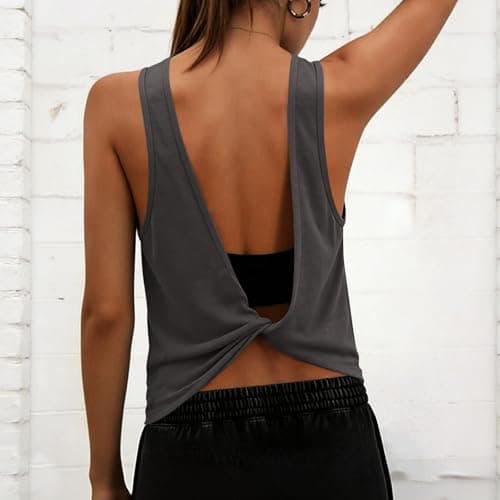 Tank Tops for Women Open Back Athletic Workout Yoga Top Sleeveless Backless Summer Slim Basic Cami Shirts 2026 Womens Tank Tops Dark Gray M
