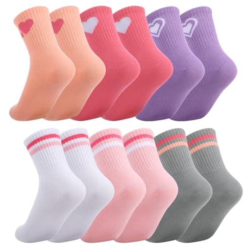 6 Pairs Kids Crew Socks with Stripes Hearts, Junior Cotton School Sports Socks, Casual Stretchy Sock for Girls and Boys 6-9 Years, 02-hearts stripes-b