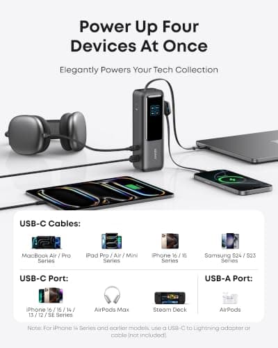 Anker Laptop Power Bank,25,000mAh Portable Charger with 165W Total Output,3 USB-C Ports (100W Max Each),Built-in Retractable Cables,Flight-Ready,for iPhone 17/16 Series,MacBook,Samsung,and More — view 4
