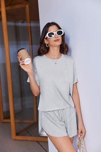 Ekouaer Womens Striped Pajama Sets Sexy Lounge Sets Side Split Short Pj Sets Cute Pjs 2 Piece Comfy Sleepwear Loungewear Gray-White Stripes X-Large — view 4