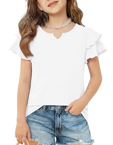 Arshiner Girls Short Sleeve Little V Neck Shirts Ruffle T-Shirts Plain Tee Summer Casual Tops for Gilrs Fashion White 7-8 Years