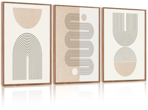 CHDITB Mid-Century Modern Framed Canvas Wall Art Set of 3, Neutral Art Boho Wall Decor, Beige Geometric Wall Painting, Abstract Minimalist Art Prints for Living Room, Bedroom (12X16 Inch)