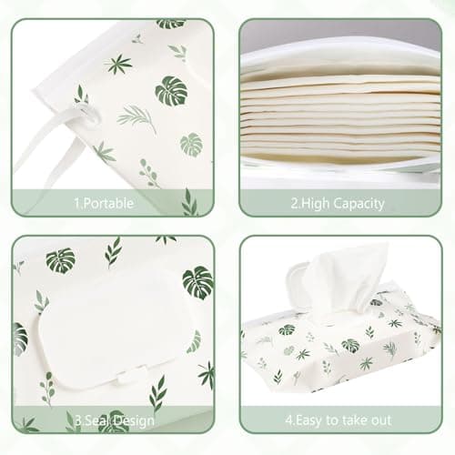 FEBSNOW 2 Pack Baby Wipes Dispenser Holder, Portable Refillable Baby Wet Wipes Pouch Container Reusable Travel Case for Outdoor Hiking, Green Leaves — view 2