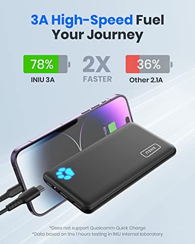 INIU Power Bank, Slimmest 10000mAh Portable Charger, Triple 3A High-Speed Charge External Battery Pack with Flashlight, USB C Phone Charger for iPhone 17 16 15 14 13 Samsung S22 Google LG iPad etc — view 3