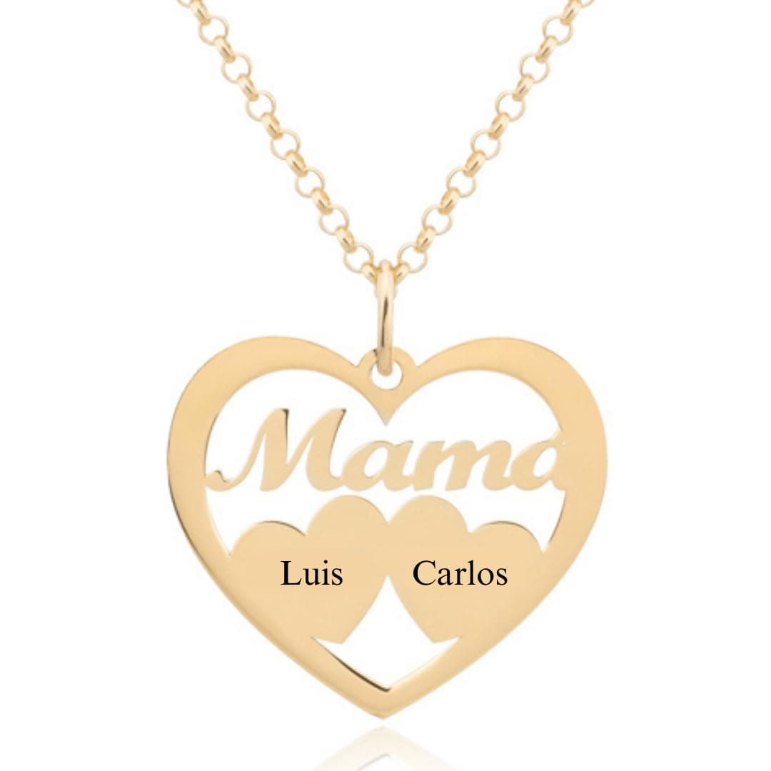 Collar Corazón para Mujer en Plata de Ley 925 personalizable con Nombres de Hijos. Cadena de 45 cm. Ideal para regalar a madres, abuelas en Cumpleaños, Navidad. Hecho en España. (2 Corazones Oro)
