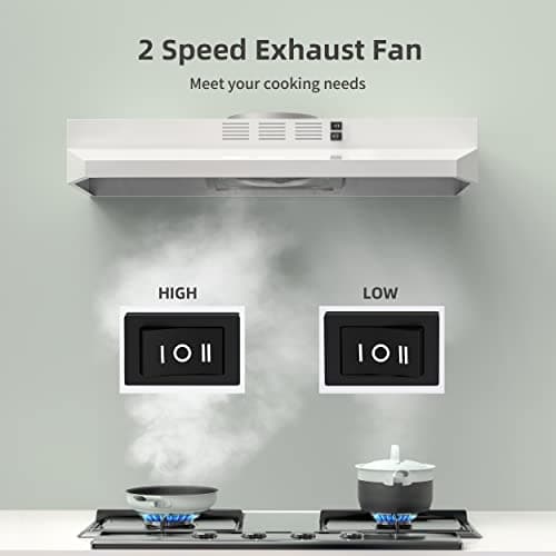 FIREGAS Range Hood 30 inch Under Cabinet, Kitchen Hood with 2 Speed Exhaust Fan,Ducted/Ductless Convertible, Rocker Button Control,300 CFM, White Stove Hood Vent Aluminum Filter Included — view 2