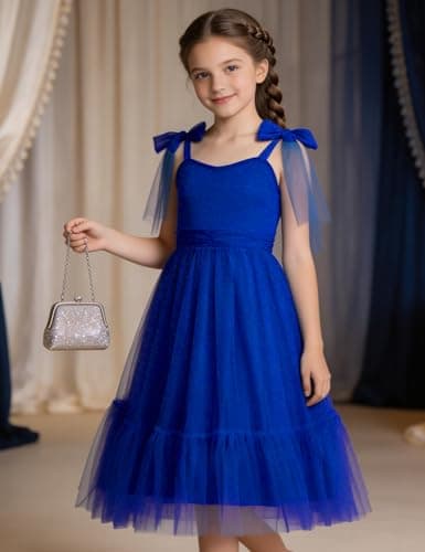 Arshiner Girls Dresses Summer Sleeveless Bow-Tie Straps Birthday Party Long Tulle Dress Royal Blue Tween 10-11 Years — view 3