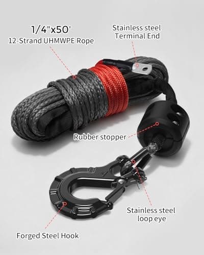 Kolvoii Synthetic Winch Rope Kit, 1/4" x 50ft 9,650lbs Winch Cable with Steel Hook, Protective Sleeve and Winch Cable Stopper for ATV UTV Off-Road Vehicle etc(Grey Rope, Black Hook) — view 2