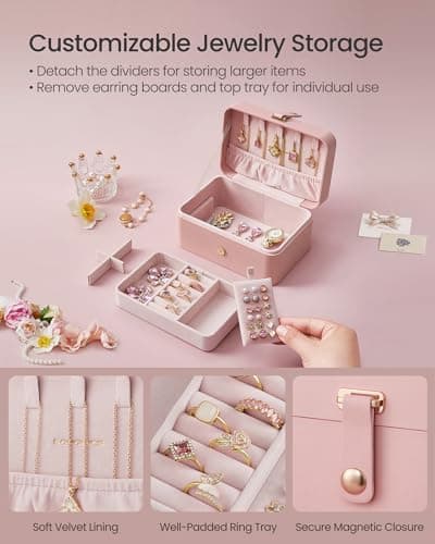 SONGMICS GISELLA Collection - Travel Jewelry Organizer, 2-Layer Jewelry Case Holder with Shiny Metal Hardware, Portable, Premium Velvet, for Earrings Necklaces, Jelly Pink UJBC166R01 — view 5