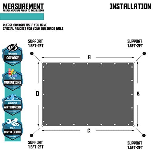 TANG 16' x 20' Waterproof Shade Cloth with Grommets, Sun Shade Sail Rectangle Straight Side, 260 GSM UV Block Fabric Patio Canopy for Deck Carport Backyard Pergola Cover, Turquoise — view 4
